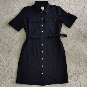 Elegant Black Belted Shirt Dress